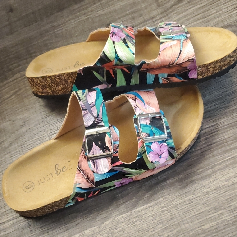 Just Be Floral Print Cork Footbed Slide Sandals - Multicolor - Picture 4 of 9